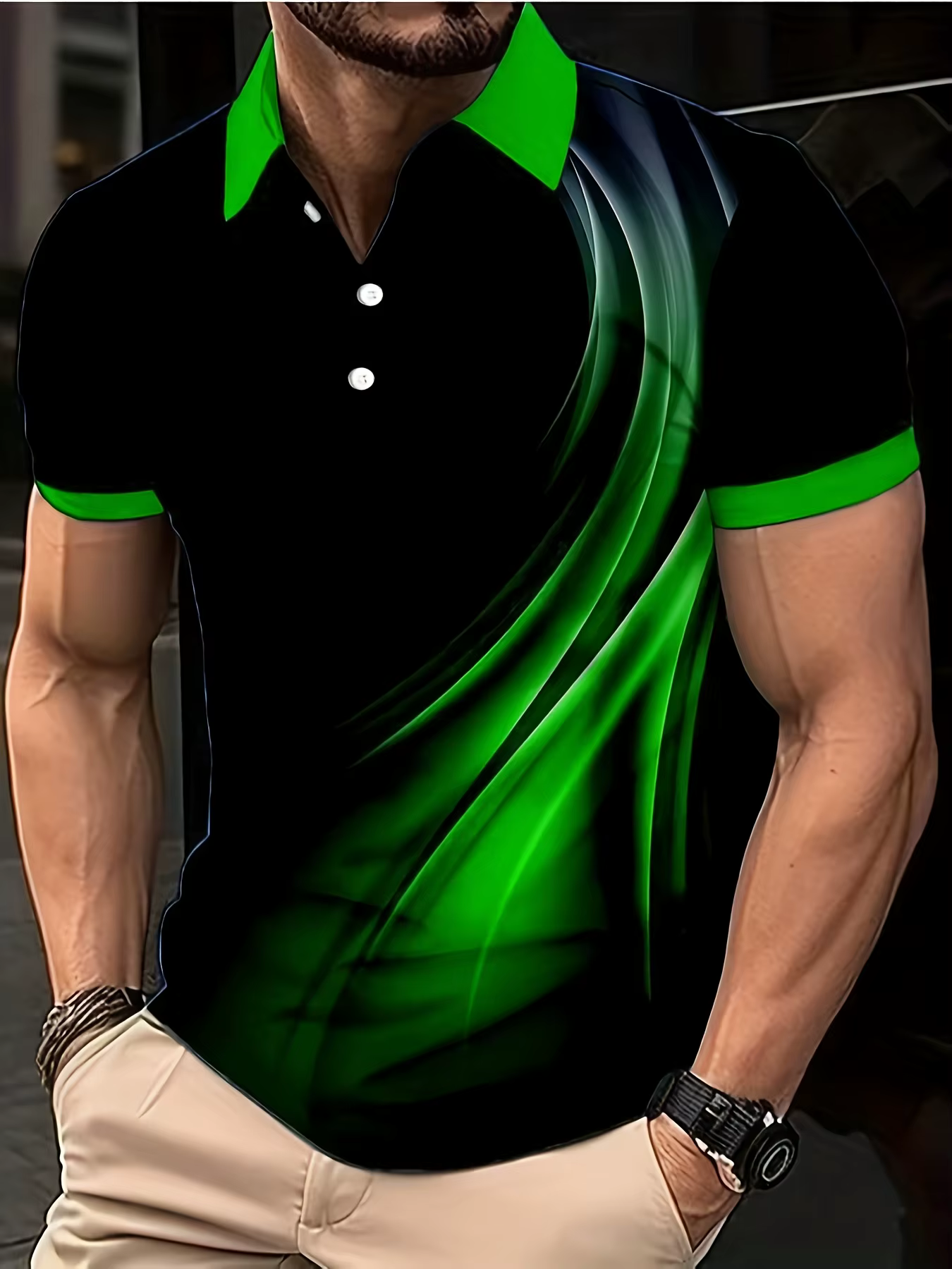 Polo à manches courtes contrastant avec imprimé abstrait, col vert, pour homme, idéal pour le golf et les sports d'été