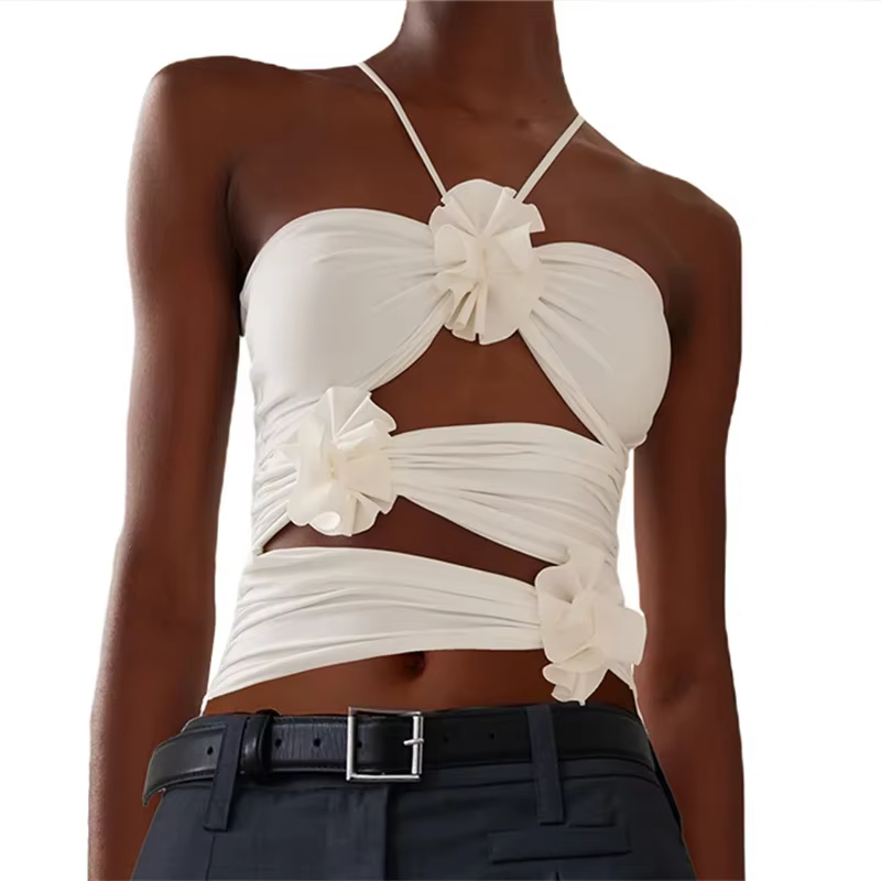 Haut court à bretelles florales 3D pour femmes, sans manches, moulant, découpé, col licou, Camisole Y2k, Bustier ajusté, Corset