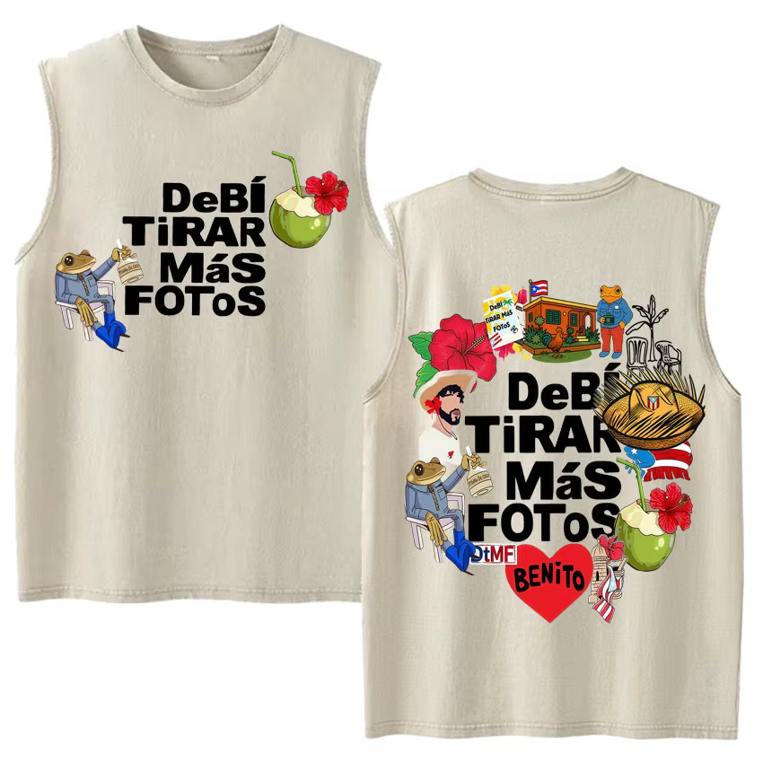 Débardeurs Vintage Effet Délavé Hip Hop Hot Singer Bad Bunny Debi Tirar Mas Fotos DTMF Y2K – T-shirts Sans Manches Tendance pour Hommes et Femmes