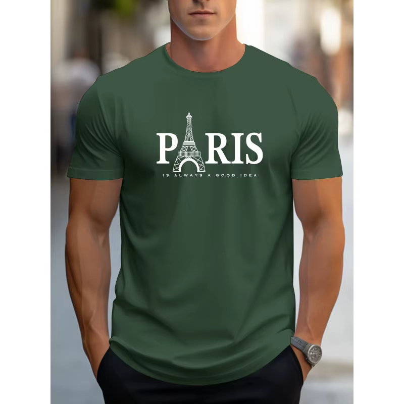 T-shirt à motif Tour Eiffel de Paris pour hommes - Col rond décontracté