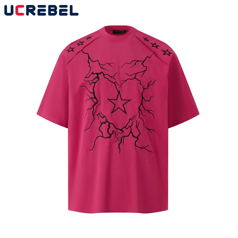 Lightning coeur broderie à manches courtes T-shirt hommes été haute rue col rond demi