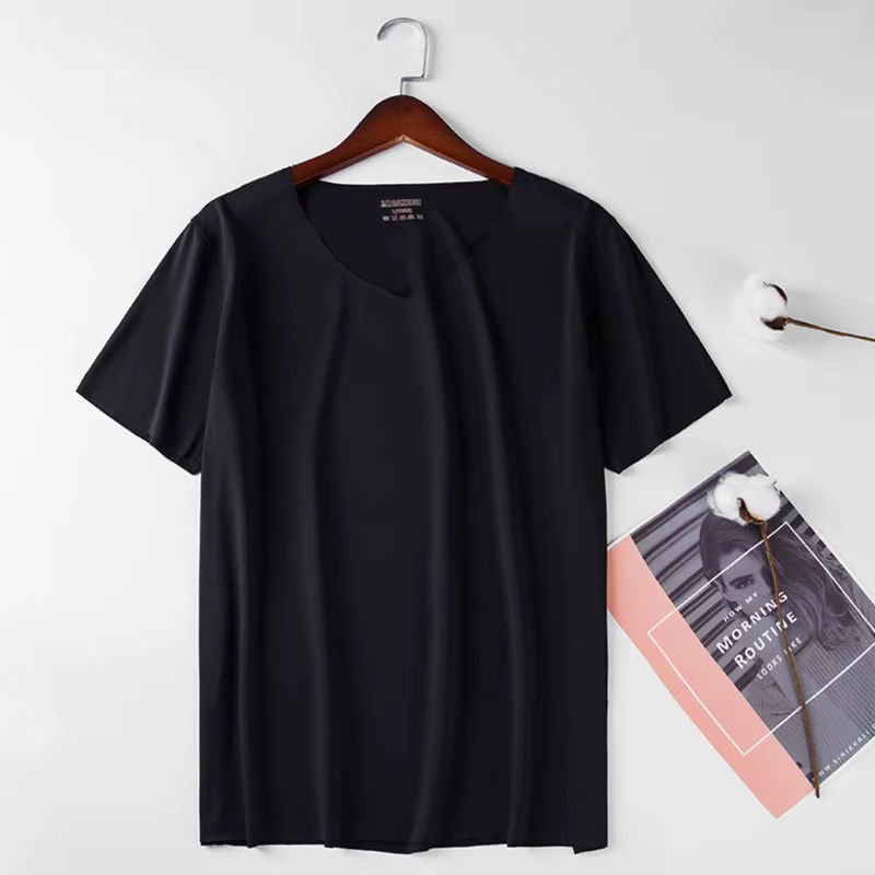 Chemise Slim pour hommes chemises de base en soie glacée couleur unie respirant sans couture T-shirt