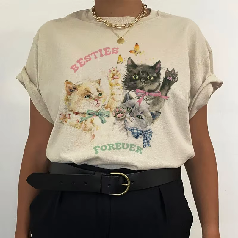 Mignon chaton Besties pour toujours femmes graphique hauts mode surdimensionné t-shirt Vintage esthétique Cottagecore