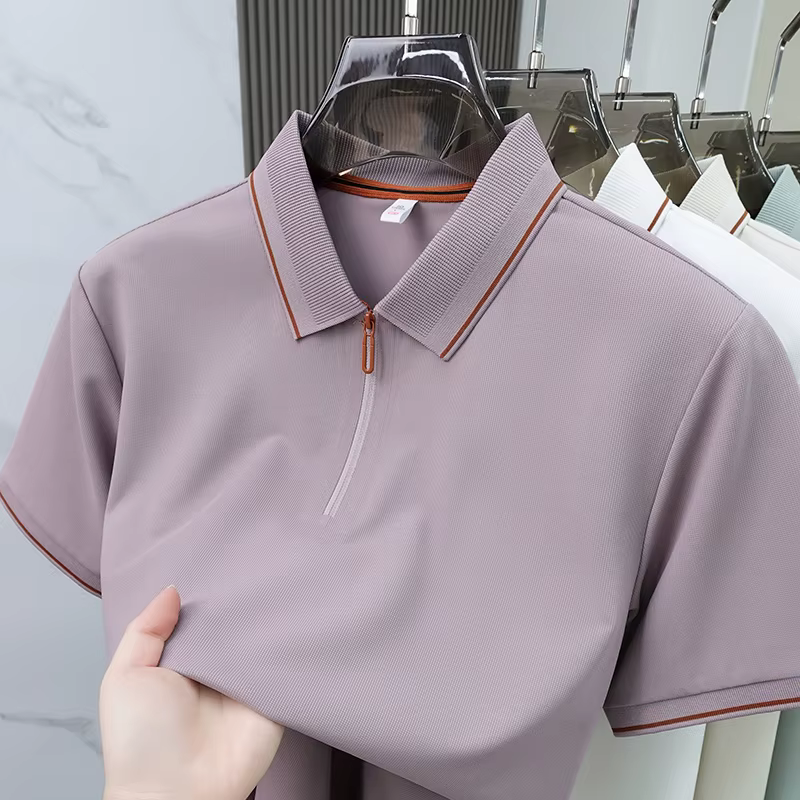 Light luxe couleur solide manches courtes polo chemise homme été glace soie respirable affaires décontractée mode zipper Le col renversé T-shirt