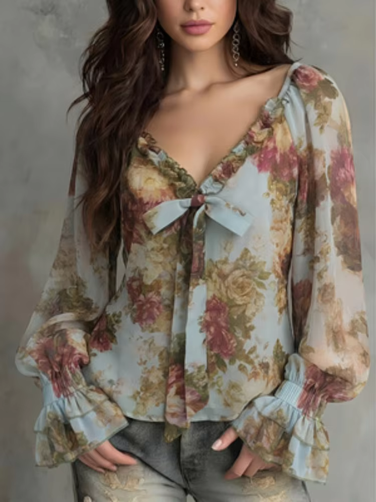 Chemise à imprimé floral vintage pour femmes