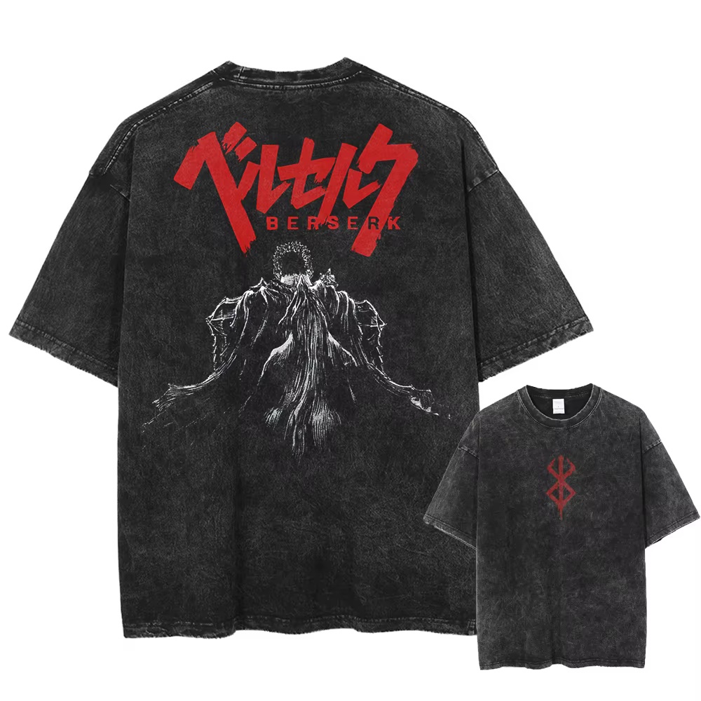 Berserk-T-shirt vintage en coton délavé pour homme et femme