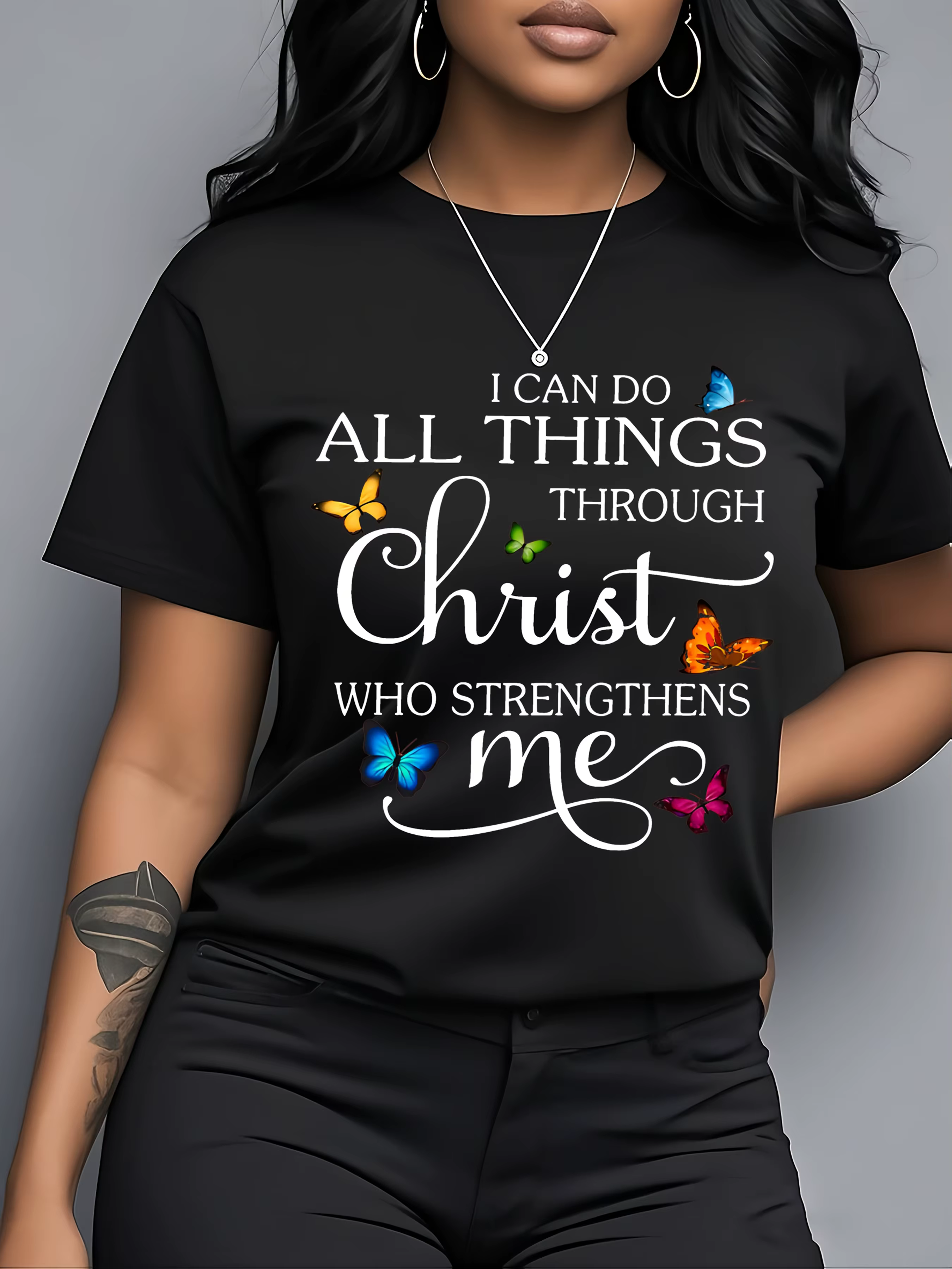 T-shirt pour femme « I Can Do All Things Through Christ » - Motif papillon chrétien