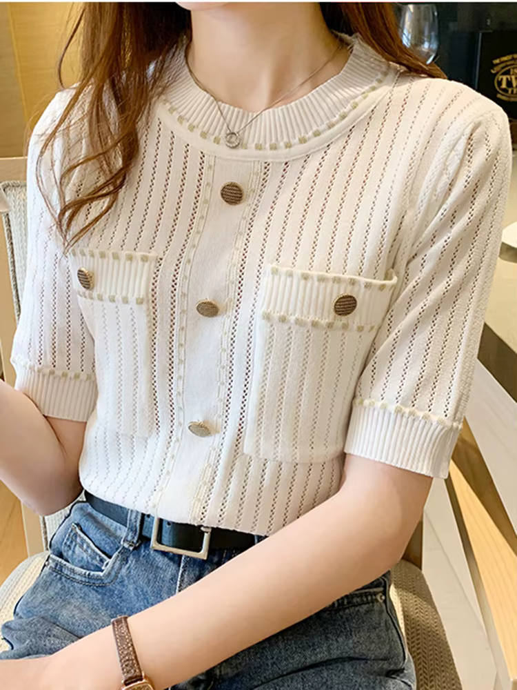 Zjaiss t-shirt blanc femmes été 2026 haut à manches courtes dames poches t-shirts de base tricoté vêtements décontractés