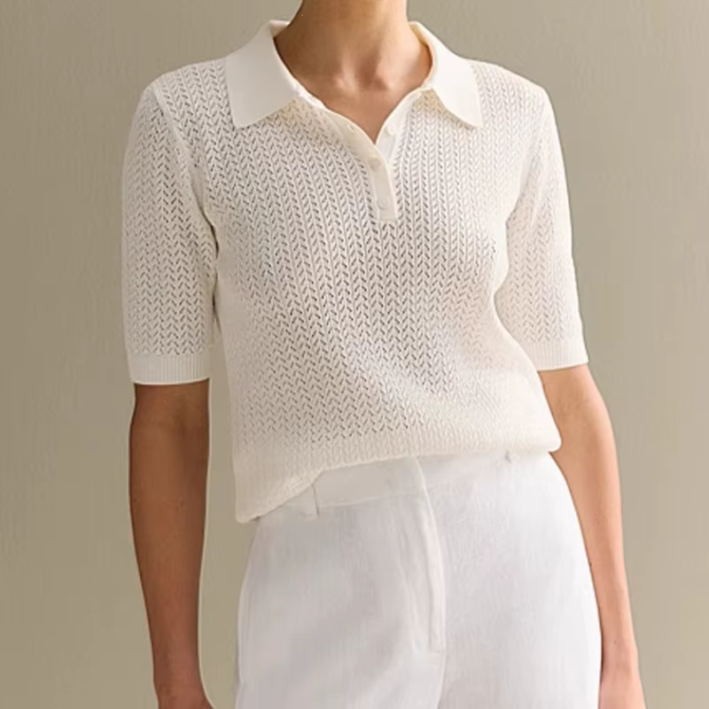 Manches courtes tricoté t-shirt femme été décontracté revers ample solide Ins hauts chauds pull