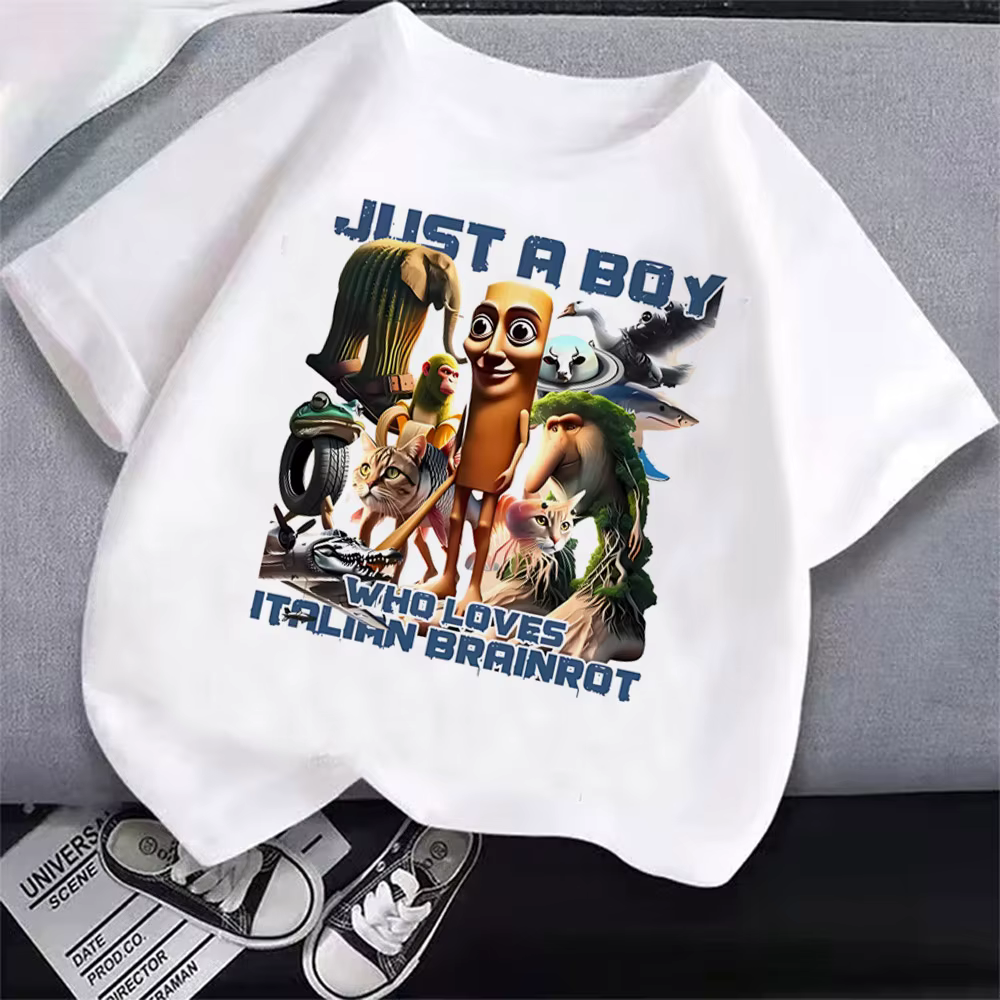 Italien Brainrot T-Shirt enfants dessin animé imprimé vêtements col rond basique garçons hauts absorbant chemises décontractées cadeau