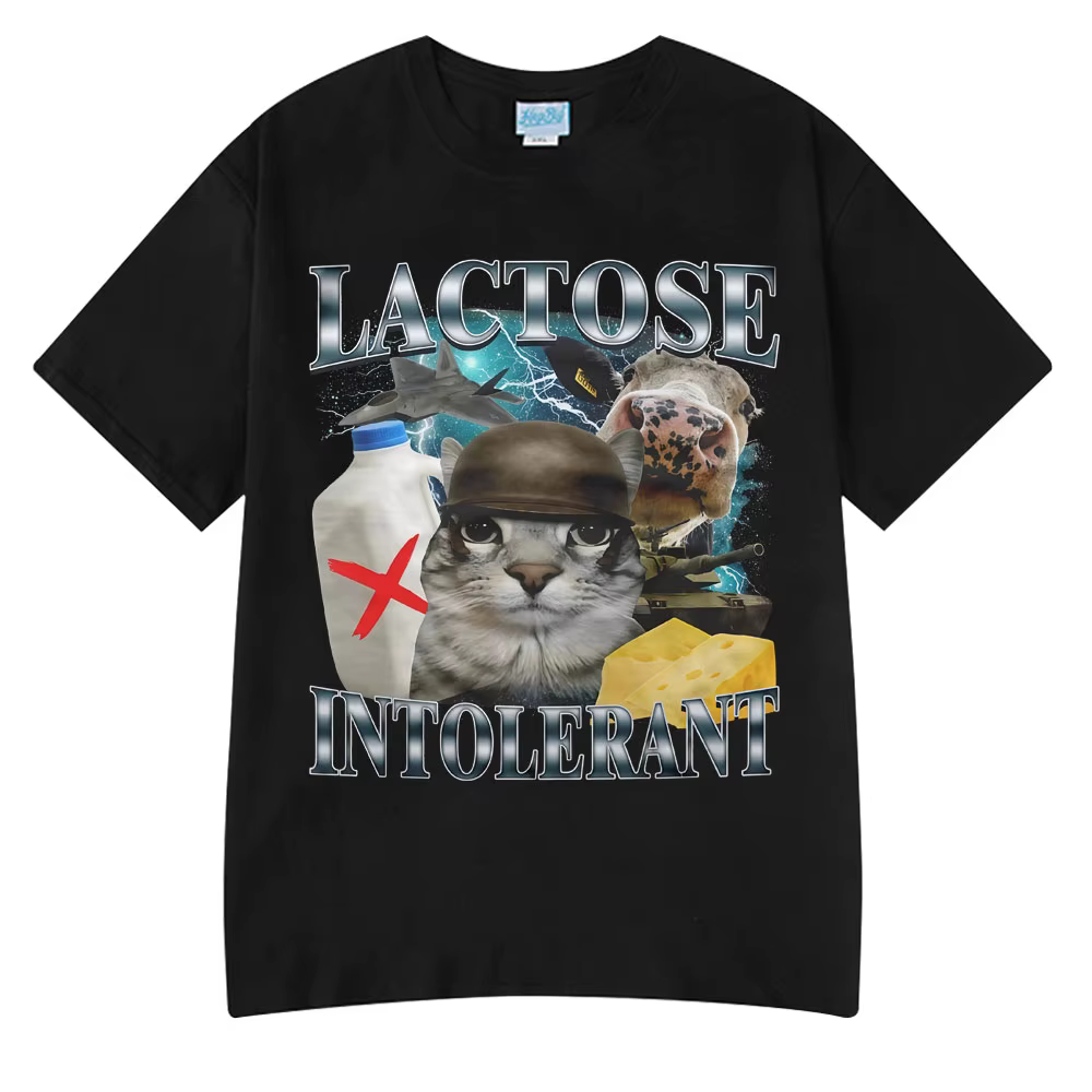 2025 été offre spéciale porte Lactose intolerant drôle chat Meme T-shirts mode t-shirt Hip Hop Couple Style vêtements