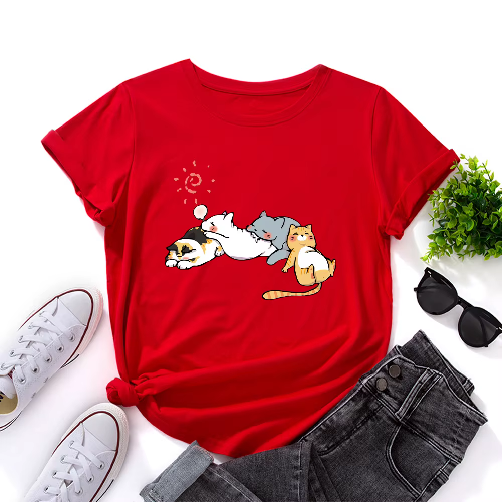 100% coton femmes T-shirt dormir chat imprimé graphique t-shirts amples chemise à manches courtes femme