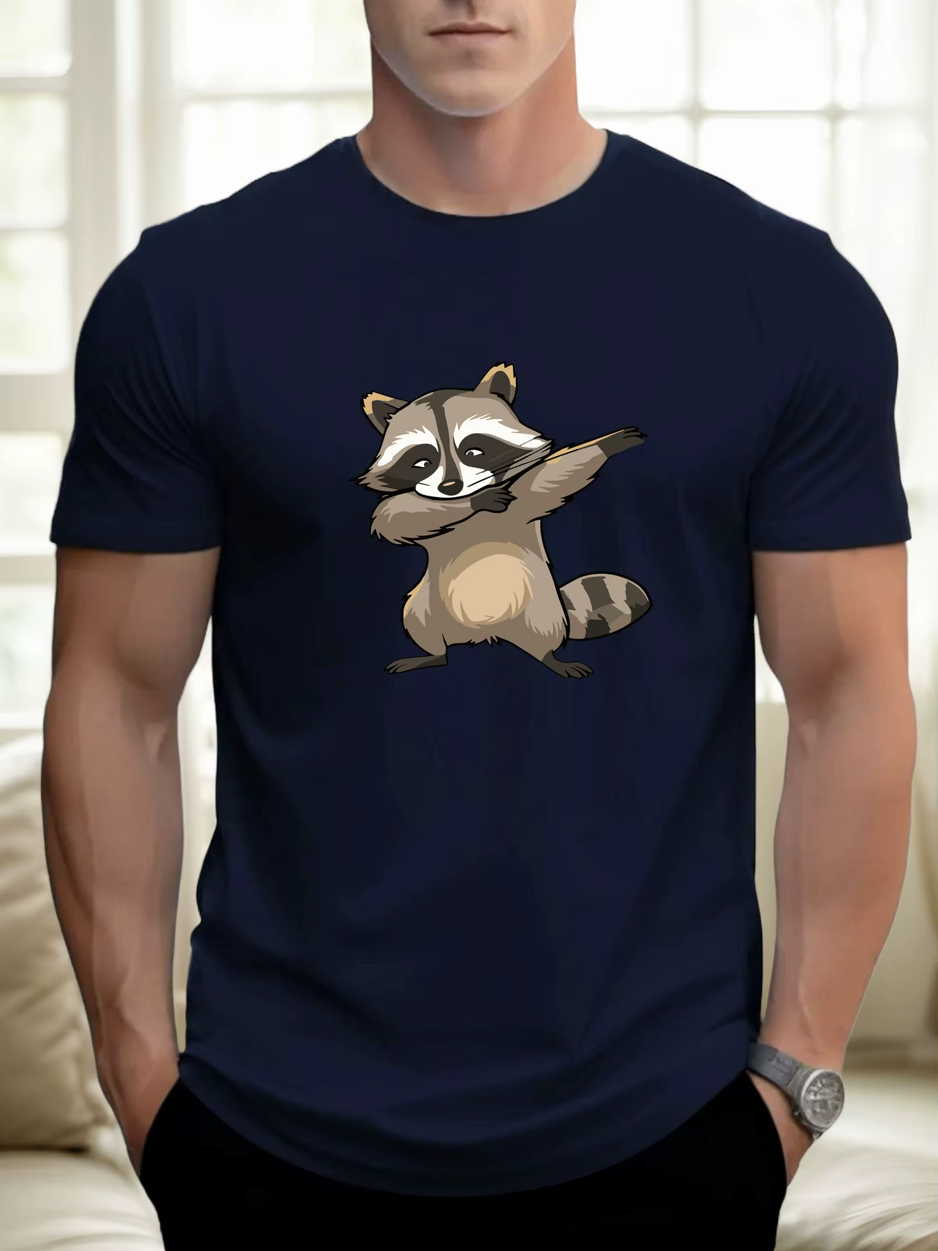 T-shirt pour hommes raton laveur 100 % coton imprimé graphique été col rond