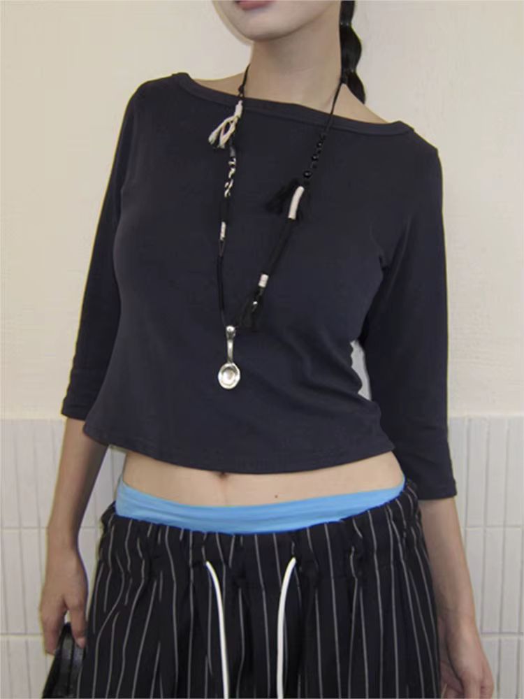 Simple trois quarts manches T-shirts femme automne solide basique Slash cou coton mince haut court