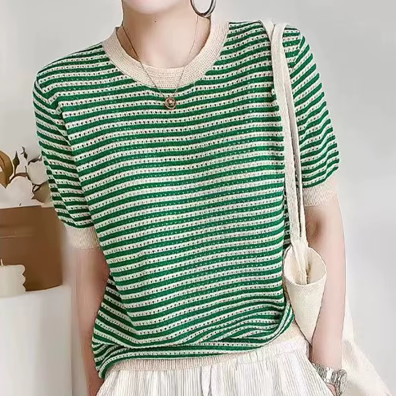 T-shirt Pour Femmes Tricoté Évider Mince Rayé