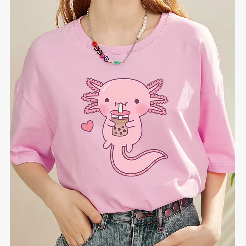 T-shirt imprimé rose Axlotl Kawaii Bubble Tea pour femmes