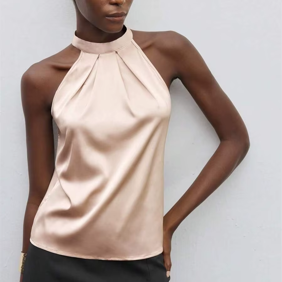 Hirigin élégant Satin licou cou débardeurs femmes sans manches couleur unie t-shirt basique culture hauts mode été fête Clubwear