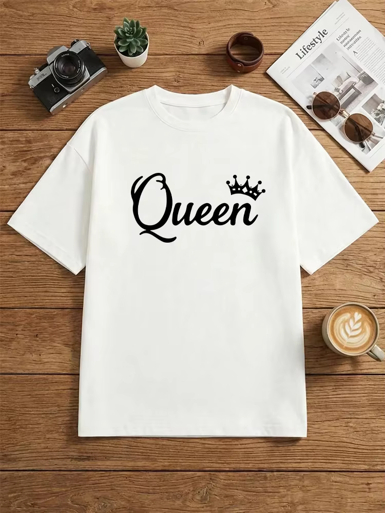 T-shirt Oversize Imprimé Queen 2026 Nouvelle Collection Femme Printemps-Été – Haut Décontracté Quotidien à Manches Courtes en Coton – Vêtements Féminins