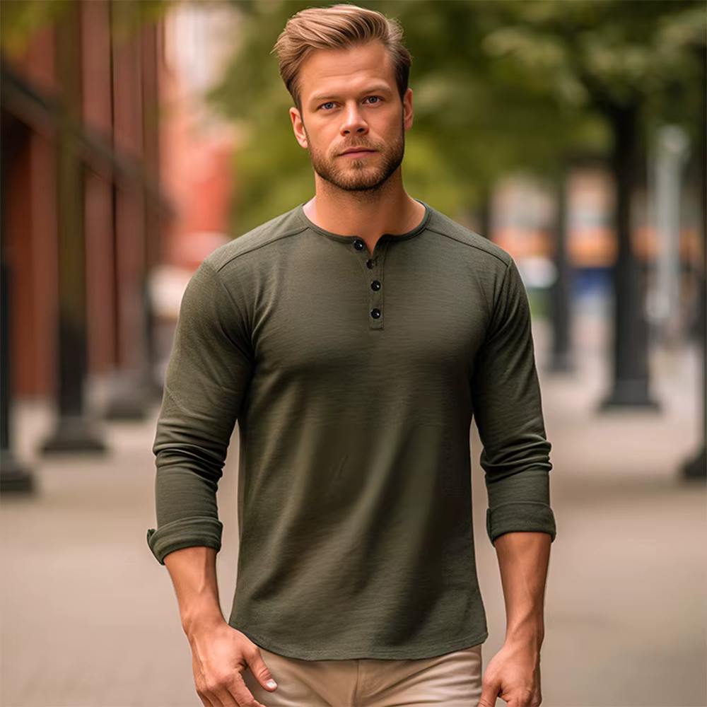 Hommes à manches longues T-shirt coton coupe ajustée chemise de fond Fitness hauts t-shirts bouton cou décontracté