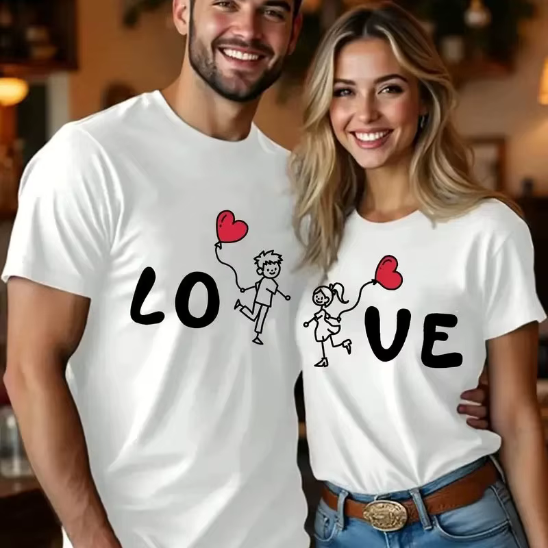 T-shirts de couple imprimés LOVE, tenues assorties pour hommes et femmes, t-shirts à manches courtes avec motif de cœur de dessin animé mignon, hauts décontractés pour la Saint-Valentin