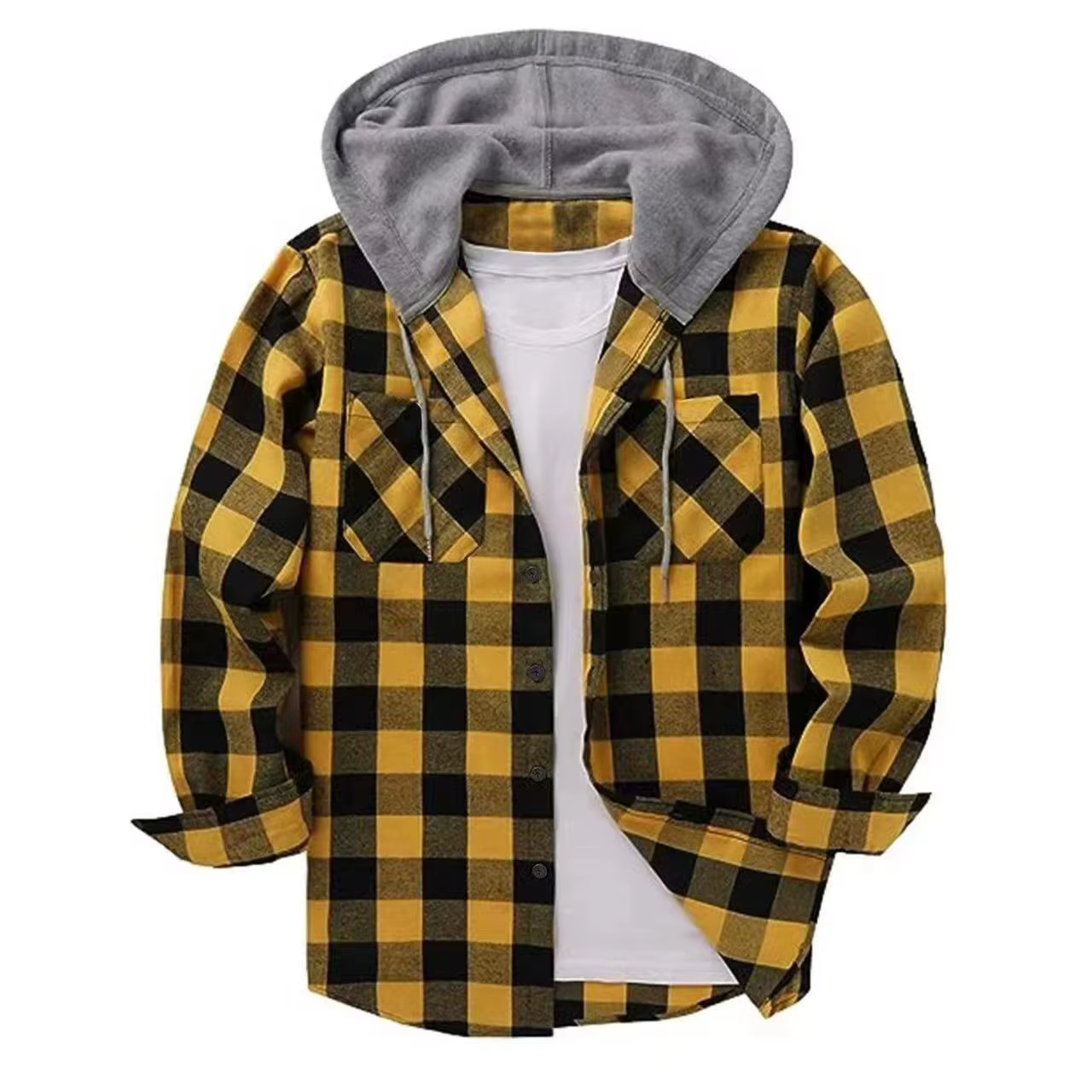 Chemise à carreaux ajustée à manches longues avec capuche pour homme
