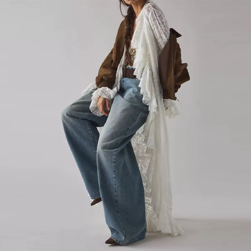 Kimono long en dentelle blanche à volants pour femme