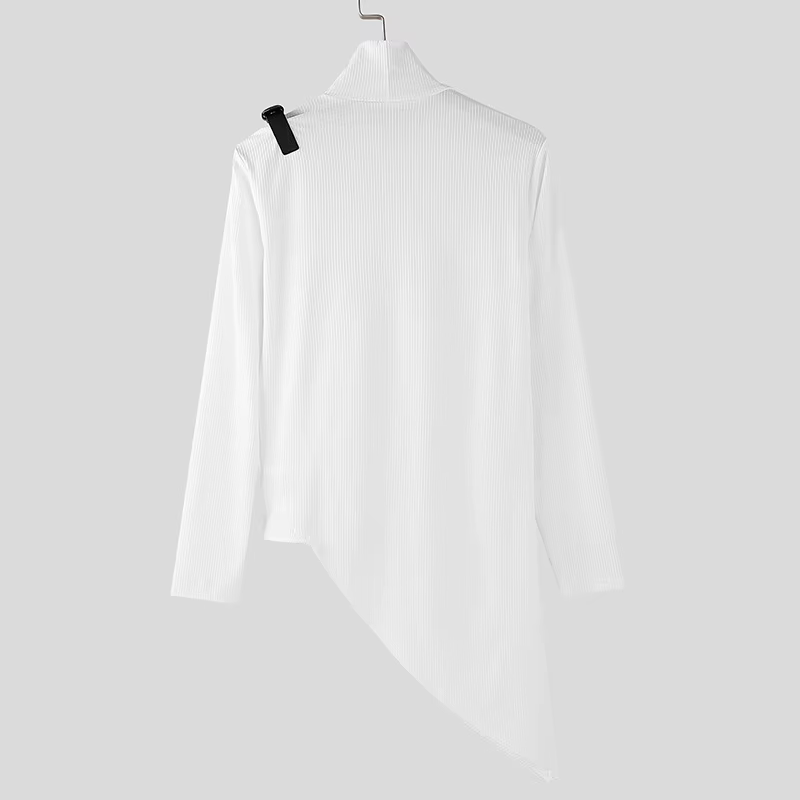 Mode solide fosse rayure T-shirt hommes col montant à manches longues conception irrégulière pull coupe ajustée élastique sport t-shirts Streetwear