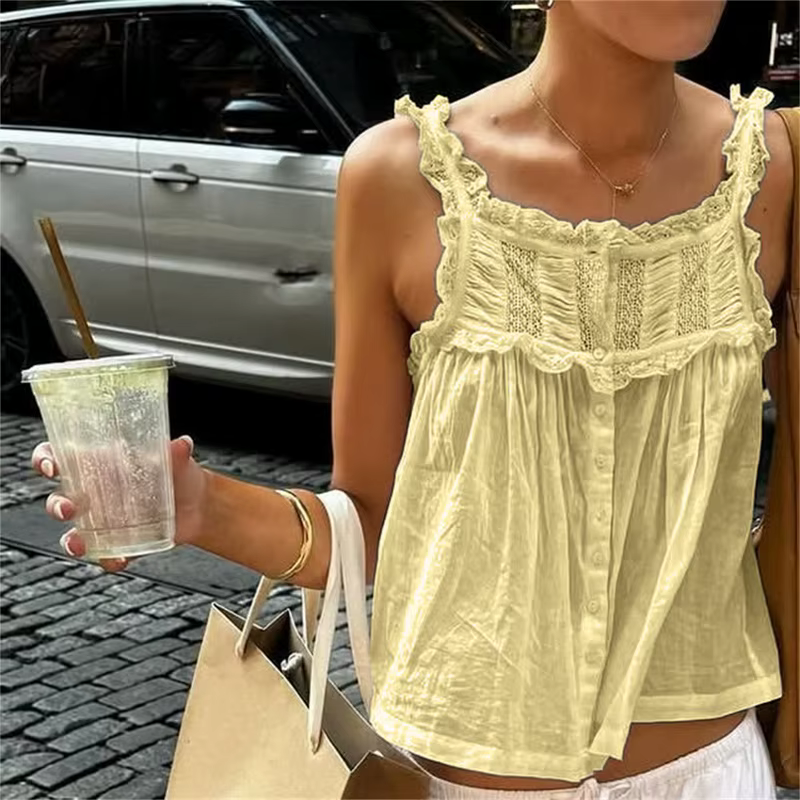 Mignon sortie haut court Boho gilet femmes Y2k dentelle à volants garniture débardeur Fairycore Sexy pure bouton avant encolure dégagée Camisole