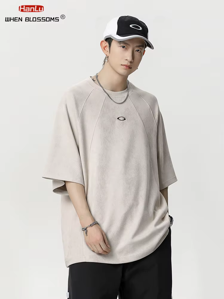 HANLU nouvel été hommes daim T-shirt broderie Vintage Hip Hop surdimensionné