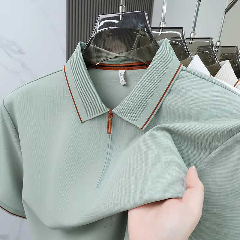 Light luxe couleur solide manches courtes polo chemise homme été glace soie respirable affaires décontractée mode zipper Le col renversé T-shirt