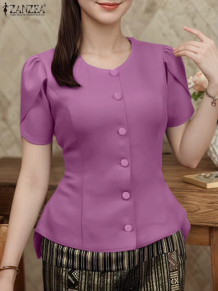 ZANZEA femmes mode asymétrique ourlet Chemises 2025 été col rond boutonné taille ajustée