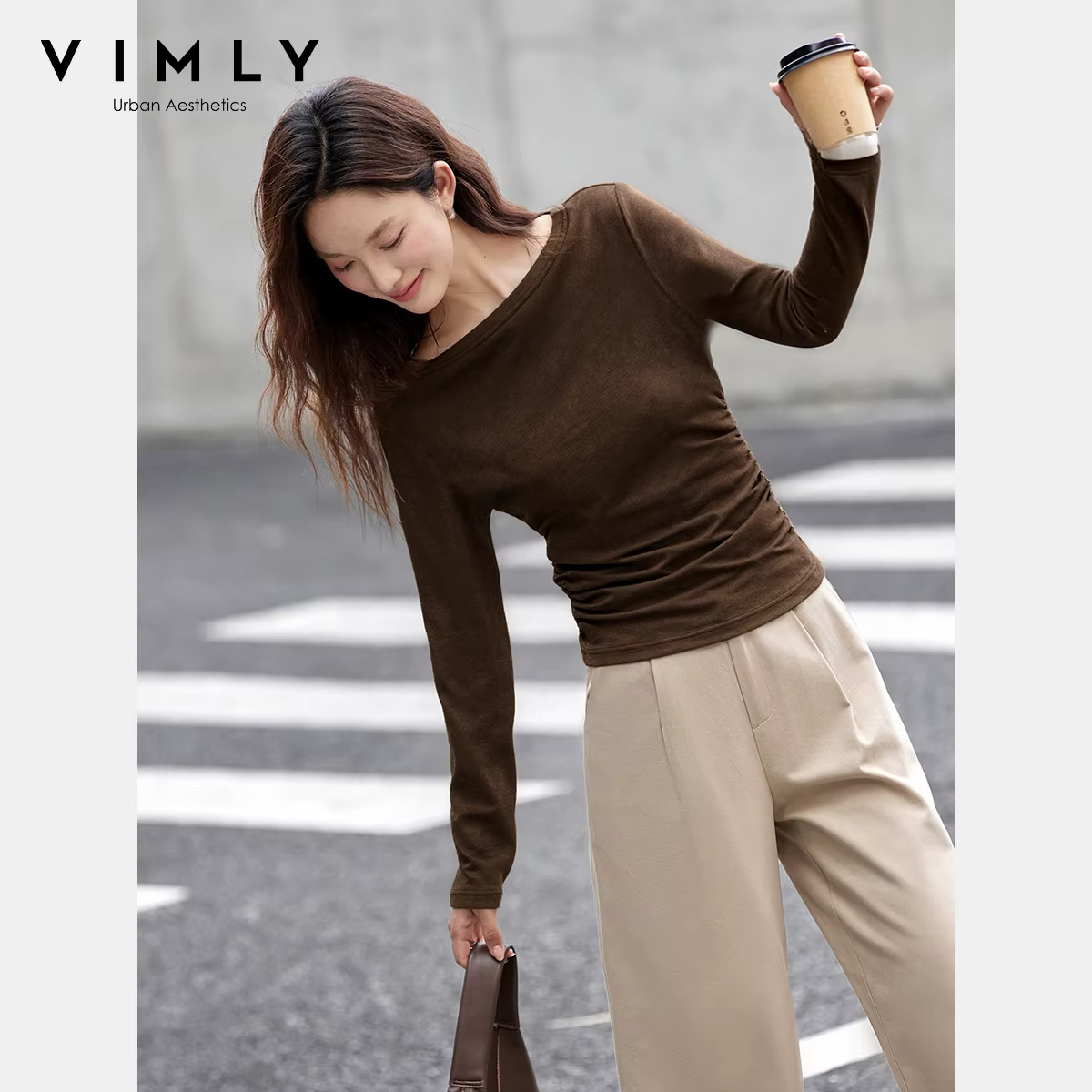 VIMLY Hauts Femme Printemps Automne 2026 Col Bateau Manches Longues T-shirts Décontractés Tricotés Coupe Ajustée Extensibles pour Femmes A3039