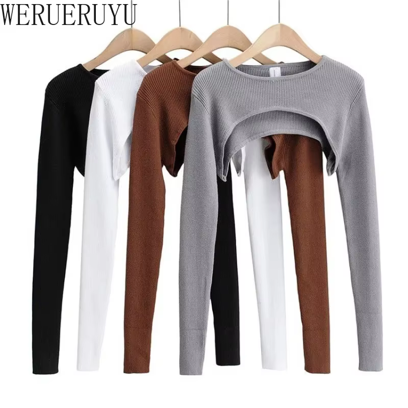 T-shirts femmes à manches longues haut court printemps automne Y2k vêtements esthétiques col rond noir blanc Sexy Harajuku tricoté t-shirt 2023