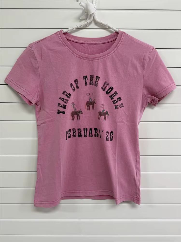 T-shirts pour femmes en coton rose à imprimé lettres