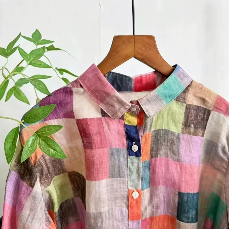 Chemise en coton à imprimé géométrique ethnique pour femmes