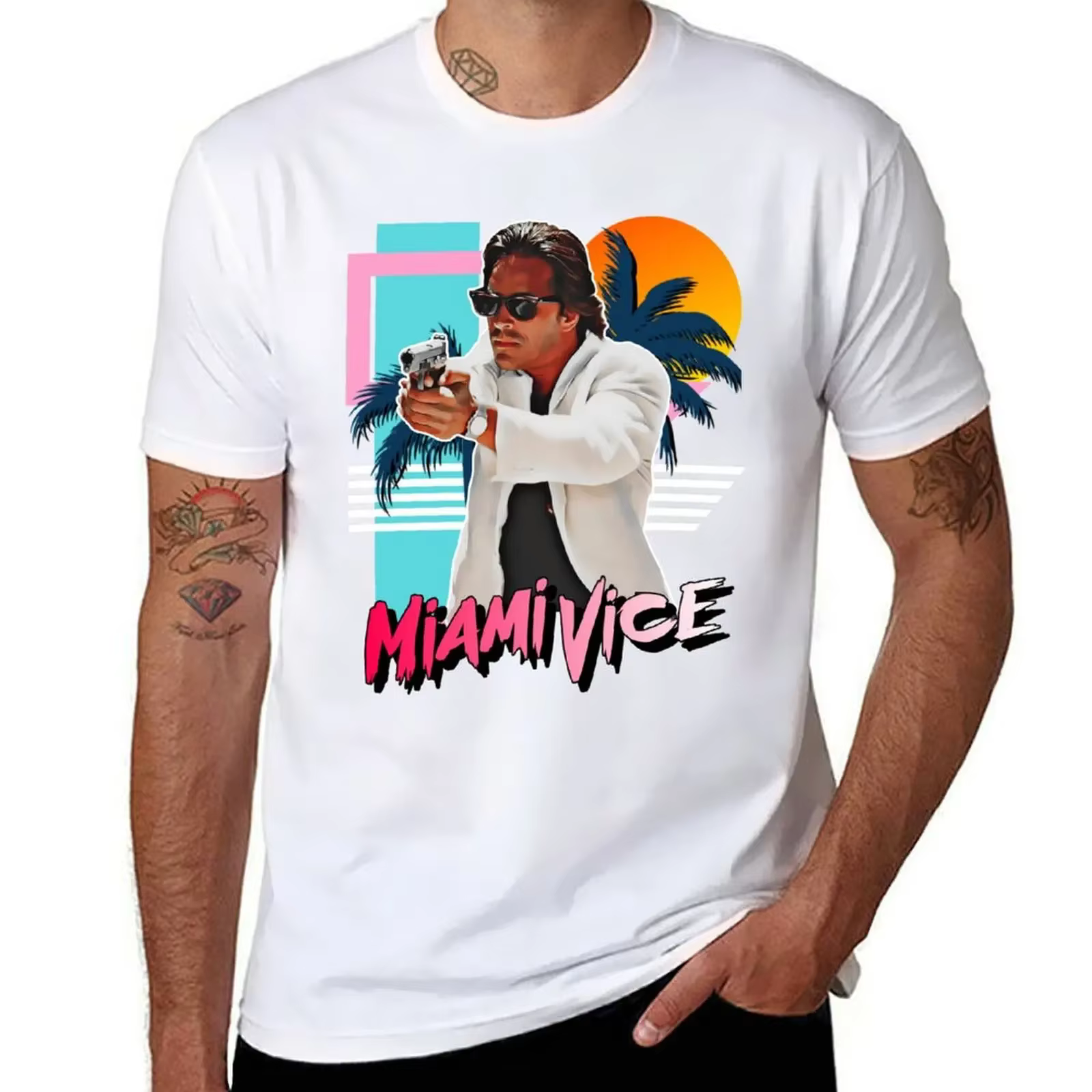 T-shirt Rétro Miami Vice Années 80 Hommage à Sonny Crockett – Haut d'été à Manches Courtes pour Homme