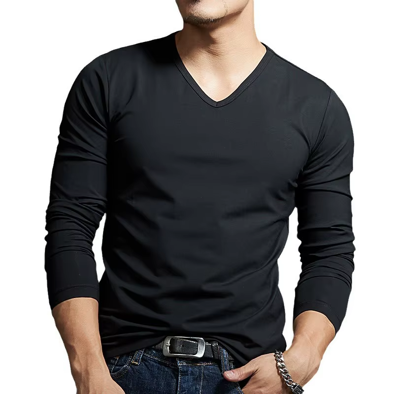 T-shirt ajusté à manches longues et col en V pour homme, gris foncé, sous-vêtement moulant, col ras du cou, haut tendance pour l'automne