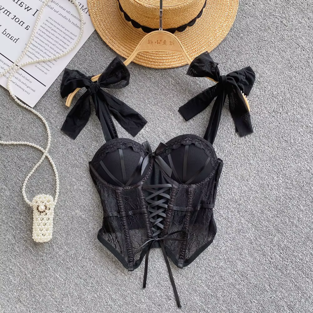 Spaghetti sangle débardeur pour femmes sans bretelles intégré soutien-gorge dentelle patchwork Tulle nœud Camis été