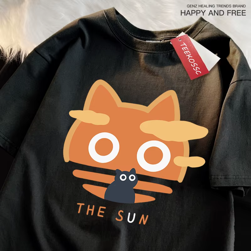 Le soleil Orange chat amusant Style japonais homme coton col rond T-Shirt été ample surdimensionné vêtements de haute qualité marque à manches courtes
