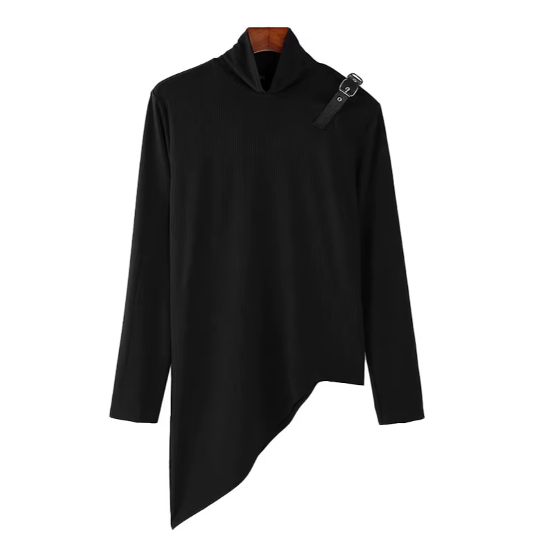Mode solide fosse rayure T-shirt hommes col montant à manches longues conception irrégulière pull coupe ajustée élastique sport t-shirts Streetwear