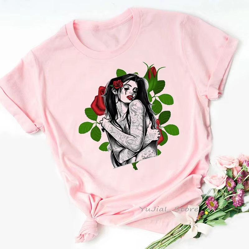 T-shirt avec imprimé de fleurs roses pour femme