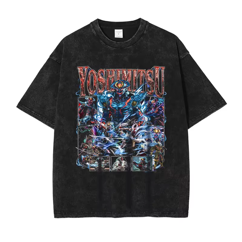 T-shirt manches courtes imprimé Jin Kazama Yoshimitsu PC Game, vintage, délavé, Hip Hop, Harajuku DTG
