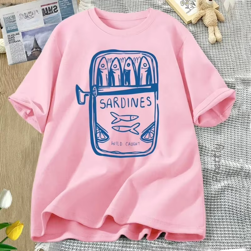 Sardine pêcheur plage imprimé à manches courtes t-shirt décontracté col rond