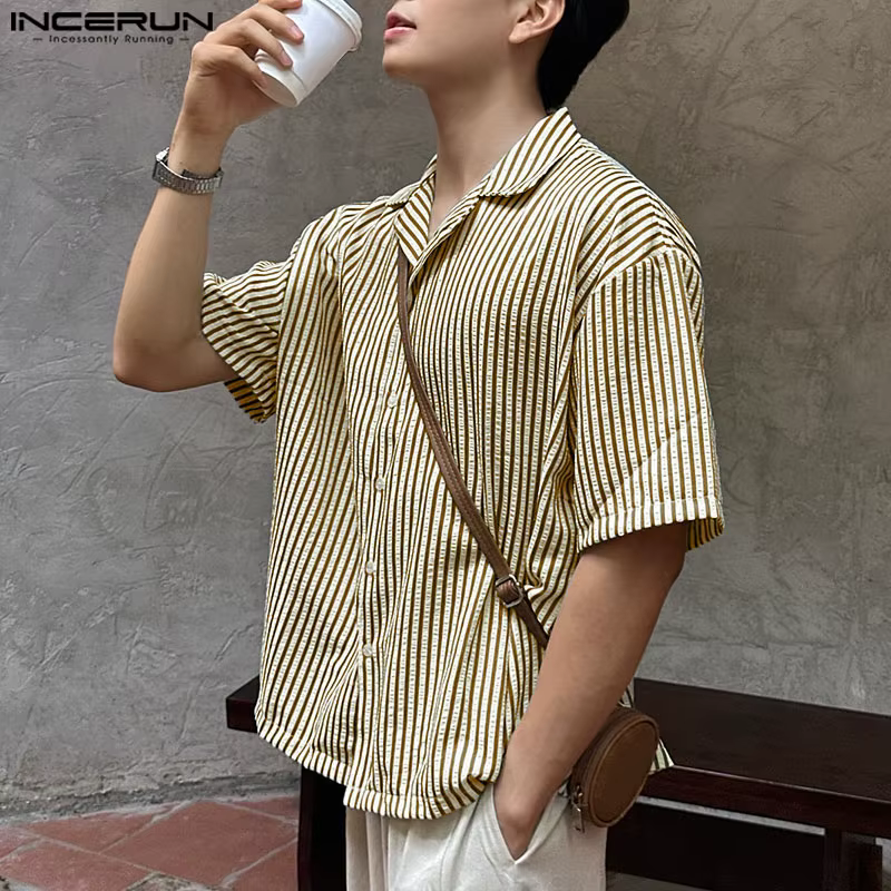 Chemise à rayures mode été hauts à manches courtes INCERUN hommes chemises décontracté Streetwear revers surdimensionné