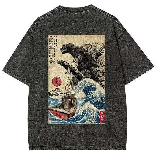 Godzilla japonais Anime hommes et femmes T-shirts pur coton lavé vieux rétro Y2k Harajuku surdimensionné décontracté manches courtes