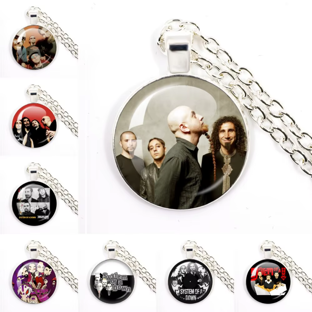 Collier pendentif en verre cabochon avec couverture d'album du groupe de heavy metal System of a Down