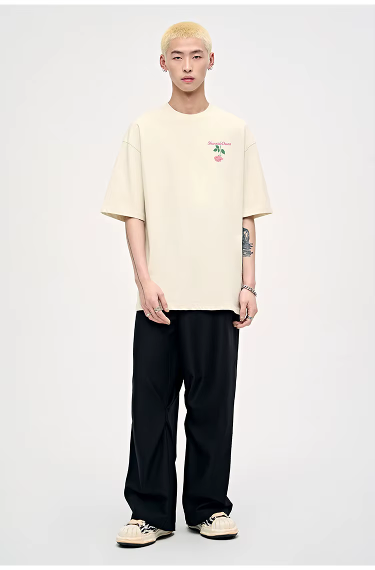 T-shirt rétro à manches courtes avec motif rose et style américain
