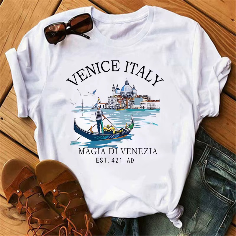 Mode venise italie imprimer femmes col rond T-Shirt décontracté à manches courtes lettre