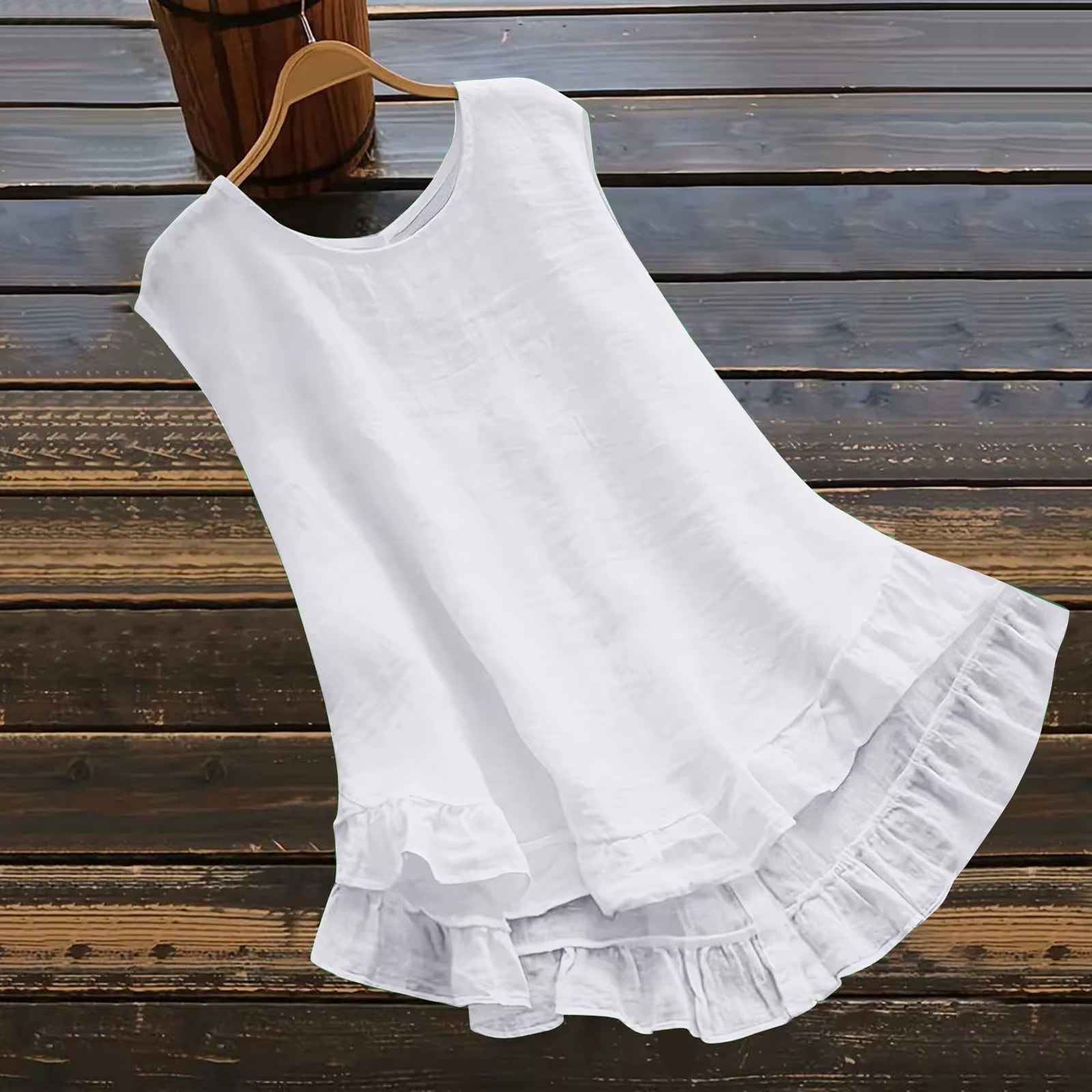 Femmes coton lin débardeur solide col rond sans manches dos Blouse élégant col