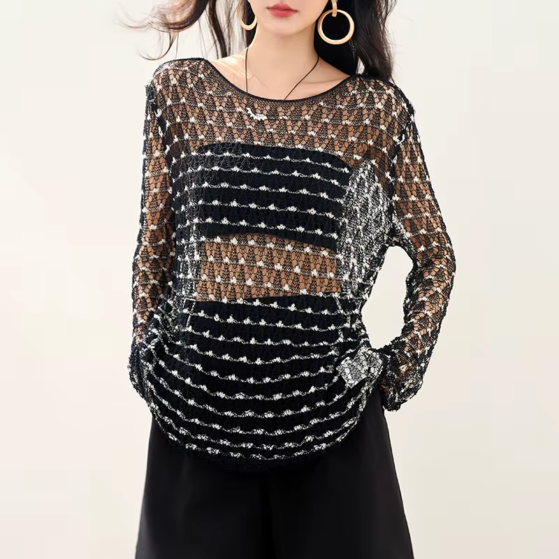 Hauts transparents chemises femmes 2025 nouvel été col rond à manches longues au crochet découpé tricoté